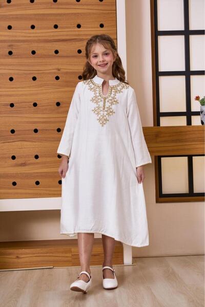 Alesaei-mondo tondo جلابية بناتي باللون الأبيض وتطريز ذهبي 7061