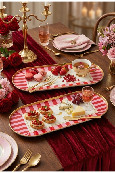 Yavuzhan Metal Gold Framed Set of 2 Pink Patterned Decorative Oval Trays (13X30)