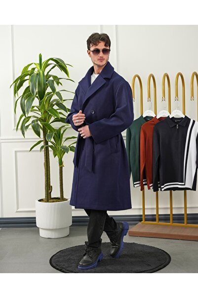 MODEFENDİ Men's Navy Blue Oversized Long Cashmere Coat with Belt Detail
