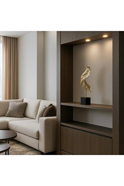 Oss elhetraf مجسم ريشة ذهبية ستانلس ستيل بقاعدة رخام – ديكور فاخر ارتفاع 38 سم