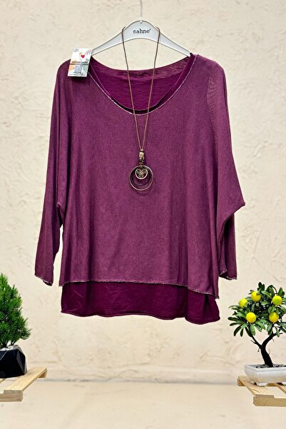 sahnemoda Plain Pattern Glittery Pendant Double Imported Blouse