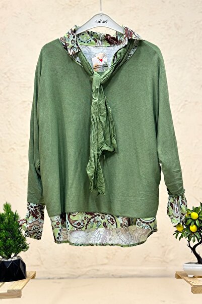 sahnemoda Shawl Pattern Shirt with Scarf Double Layer Imported Blouse