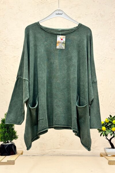 sahnemoda Oversized Organic Knitwear Sweater with Crew Neck and Pockets