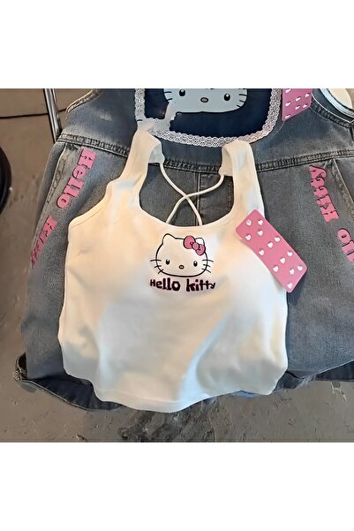 İsra Ayyıldız Moonstar Collection Beyaz Hello Kitty Gloplu Sırt Dekolteli Y2K...