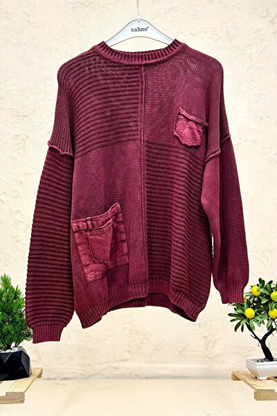 sahnemoda Pocketed crew neck self-striped organic sweater