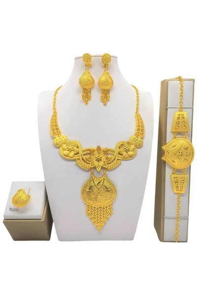 BirYıldızOl Altın Kaplama Hint Takı Seti Küpe Gerdanlık Yüzük Bileklik Seti Abiye Set