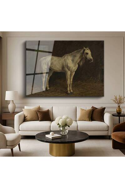 GülsenArt Rosa Bonheur Beyaz At Hayvan Resmi Temperli Cam Tablo Duvar Tablosu...