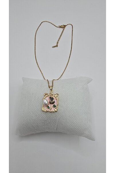 NO NAME Stainless Steel Gold Color Vintage Flower Detail Pink Enamel Pearl St...