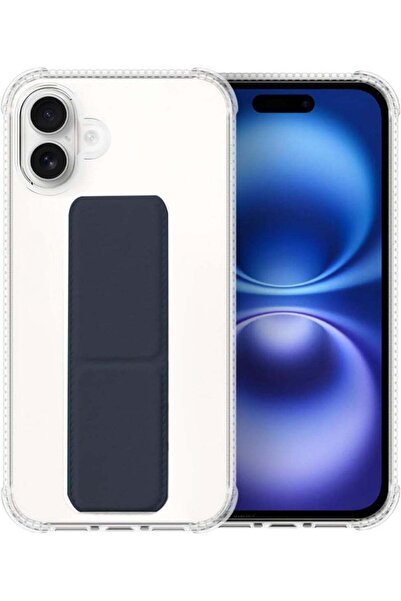 Generic Back Protection Cover with Finger Holder Compatible with iPhone 16 Plus, Transparent/Navy