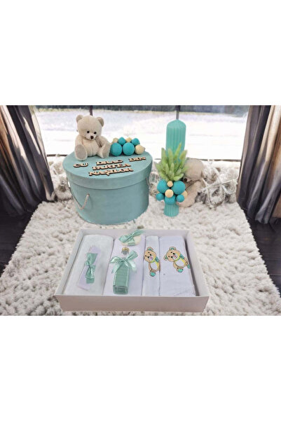 OBSIDION Σετ βάπτισης αρκουδάκι - κουτί δώρου με κερί - τιρκουάζ