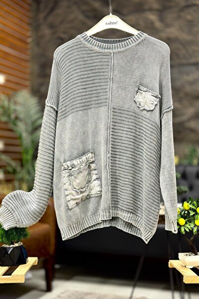 sahnemoda Pocketed crew neck self-striped organic sweater