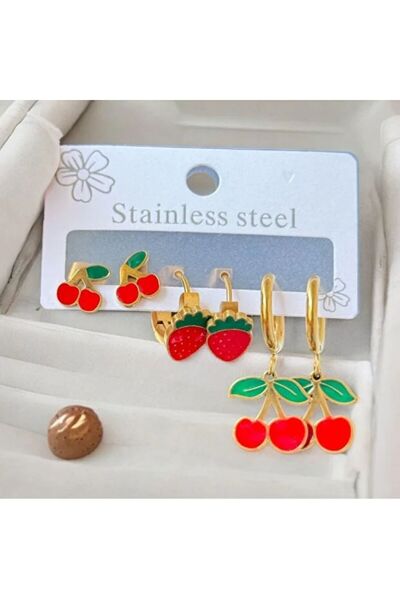 Çılgıntrend Gold Color Steel Earring Set with Cherry & Strawberry Figures – S...