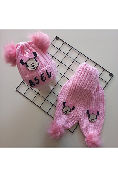 MARS BABY Bebek Kız Çocuk İsimli Pembe Minnie Çift Ponponlu Atkı Bere Takımı