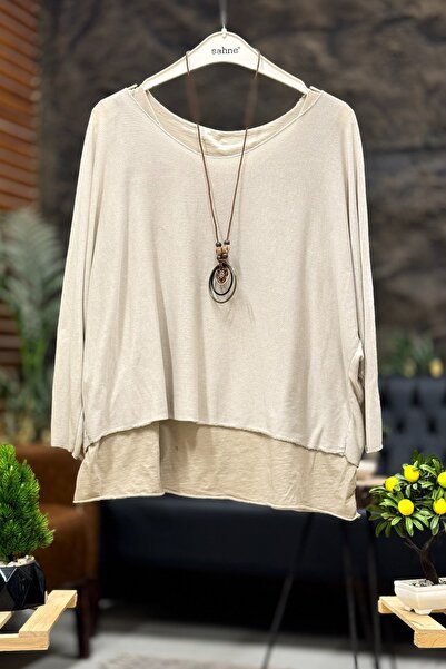 sahnemoda Plain Pattern Glittery Pendant Double Imported Blouse