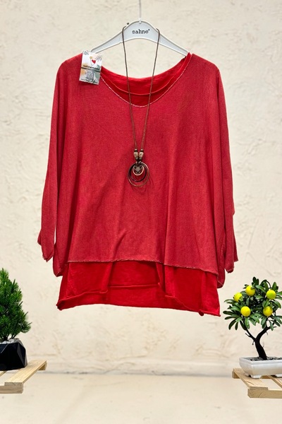 sahnemoda بلوزة مستوردة مزدوجة ذات نمط عادي مع قلادة لامعة