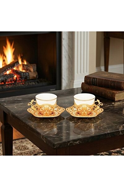 AcarHediyelik Altın,Gümüş İşlemeli Porselen Türk Kahvesi Fincanı ve Tabak Set...