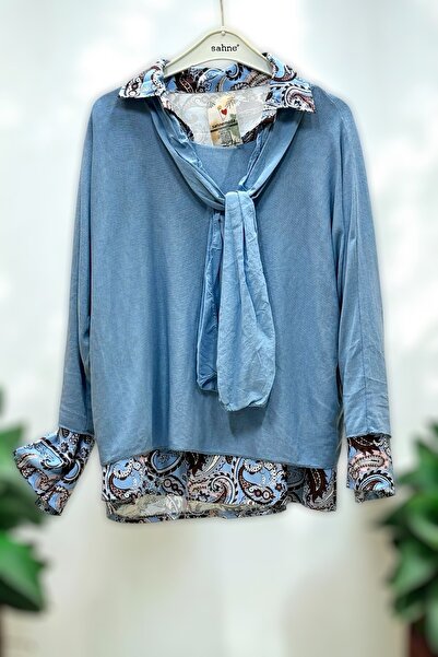 sahnemoda Shawl Pattern Shirt with Scarf Double Layer Imported Blouse