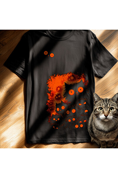 Crea Eymer Wear Cat Illustrative Designed / Cat B Printed and Crew Neck T-Shirt Black