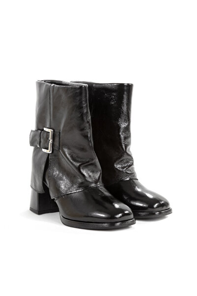 Black Genuine Leather Buckle Thick Heels Premium Stylish Casual Women's Boots Trend