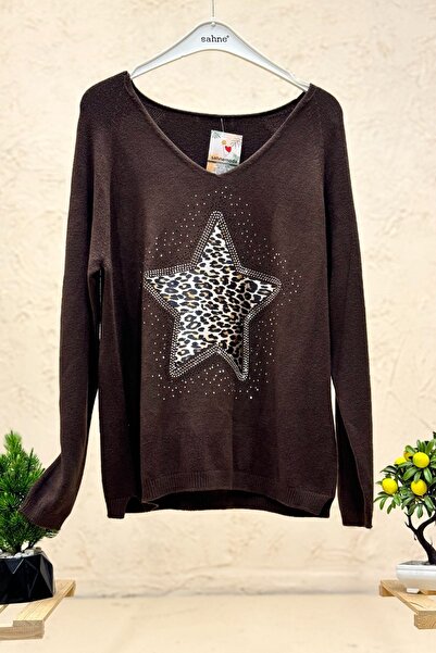 sahnemoda بلوزة أنجورا بياقة على شكل حرف V بنمط نجمة من لوبير