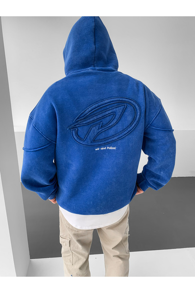 NO1 KONSEPT سويت شيرت بجيب كنغر مزين بتطريز أزرق فاخر