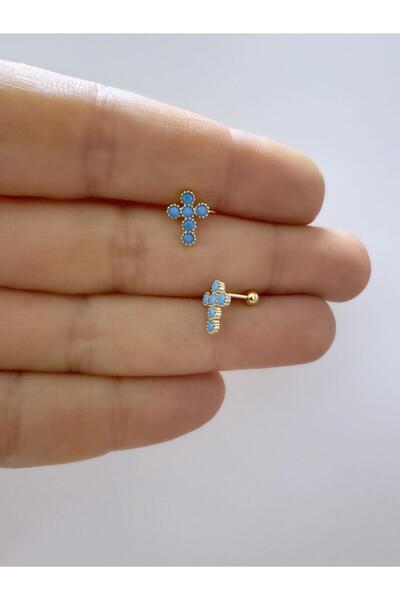 Arescollection 1 ADET ZİRKON TAŞLI TRAGUS HELİX LOBE UYUMLU HAÇ PİERCİNG