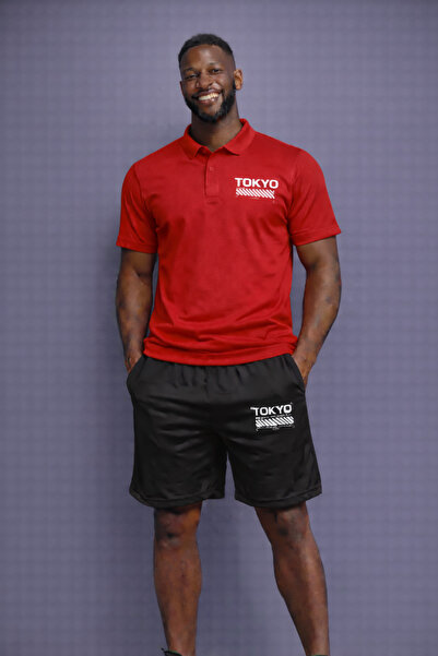 NOFLEN طقم شورت توكيو مطبوع للرجال ذو ياقة بولو