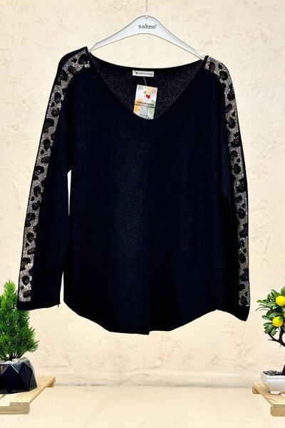 sahnemoda Plain Desez Sleeves Angora Blouse with Stones