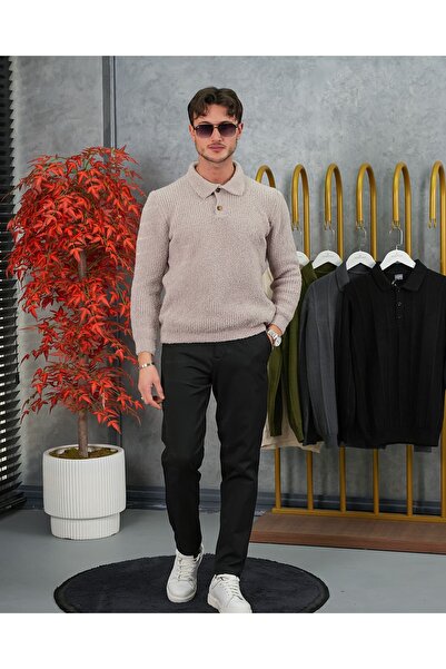 MODEFENDİ Men's Cream Plush Textured Button Detailed Polo Neck Relaxed Fit Kn...