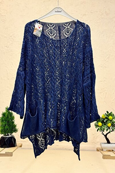 sahnemoda Openwork Square Neck Pocket Asymmetrical Organic Washed Sweater