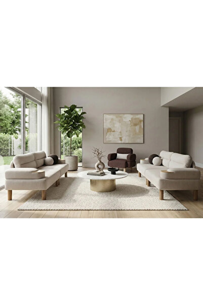 Zem Legna Bohem Koltuk Takımı, 2 Adet Kanepe ve 1 Adet Berjer (Açık Krem Kanepe,Kırçıllı Mürdüm Berjer)