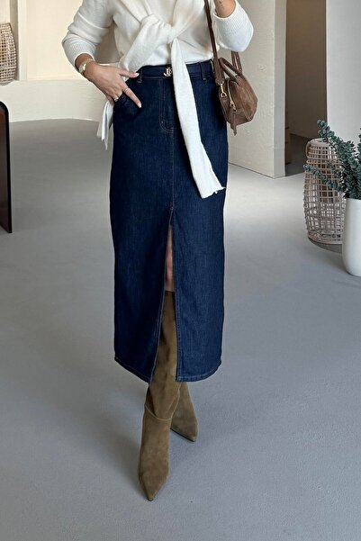 Suziş Dark Blue Front Slit Denim Skirt 4S20206