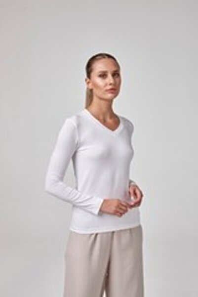 relactive Women's Long Sleeve V-Neck Body Fit Mold White T-Shirt C3T2N62