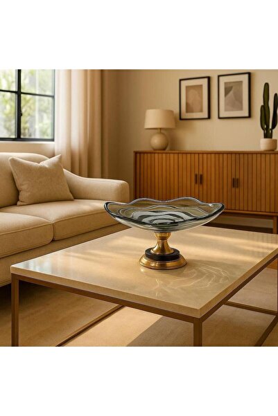 Oss elhetraf طبق قزاز أكرستالي فاخر بتصميم مموج مع قاعدة ذهبية – ديكور طاولات مودرن