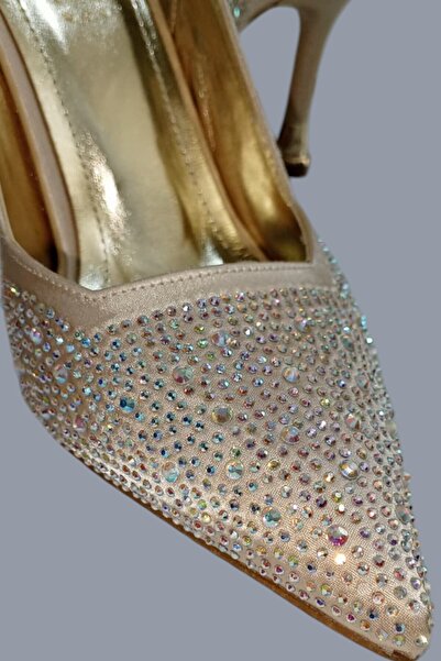 ForYou4 Gold Stone Women's Evening Dress Shoes Heel Height 9 cm