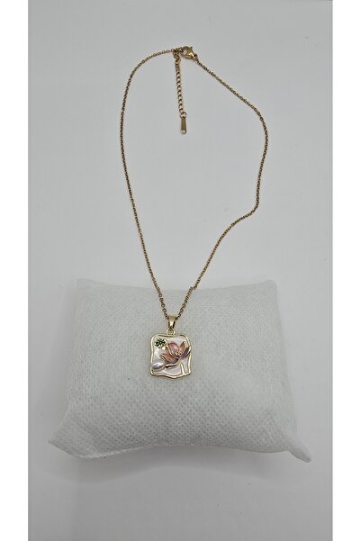 NO NAME Stainless Steel Gold Color Vintage Flower Detail Pearl Stone Necklace