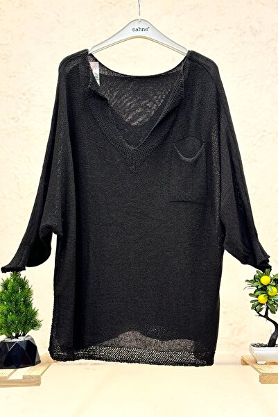 sahnemoda Single Pocket V-Neck Bat Mercerized Blouse