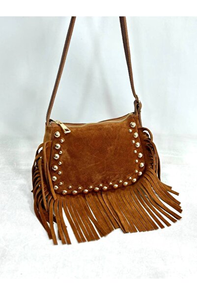 My Easy Shop Mesbag women's handbag genuine suede leather with tassel and stud detail