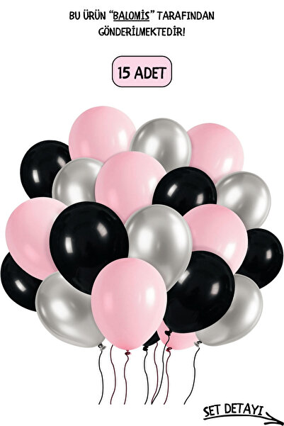 BALOMİS Pembe Siyah Krom Gümüş Renkli 11 İnç Parti Balon Seti