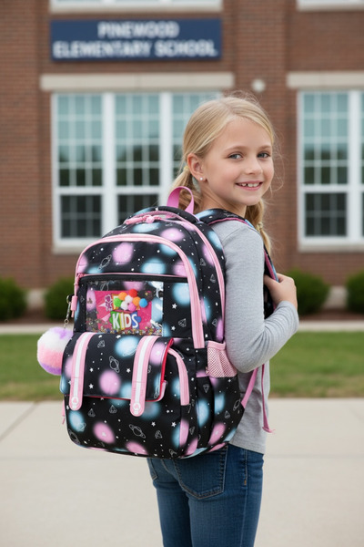 JOJO KIDS Girl's black and pink elementary school backpack, 3-piece set, thermal lunch bag, pencil case, orthopedic bag.