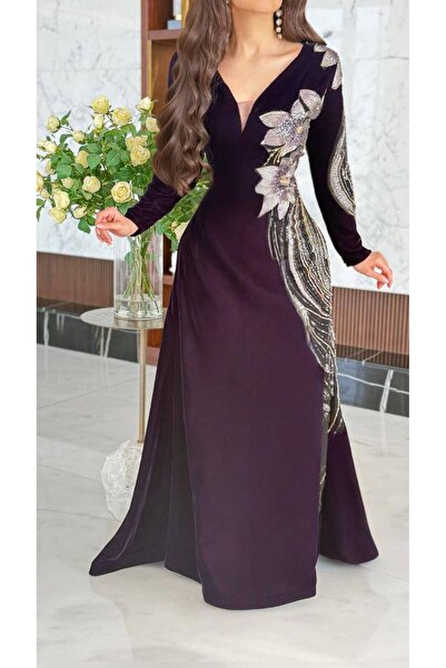 Generic فستان مخمل بنفسجي مطرّز ورود