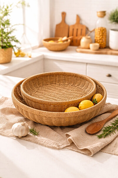 welcomein Set of 2 Round Wicker Serving Trays Rattan Weave – Nesting Decorative Presentation Trays