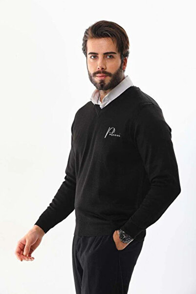 Generic Brand Men's V-Neck Sweater Printed Woven Knitwear - Black