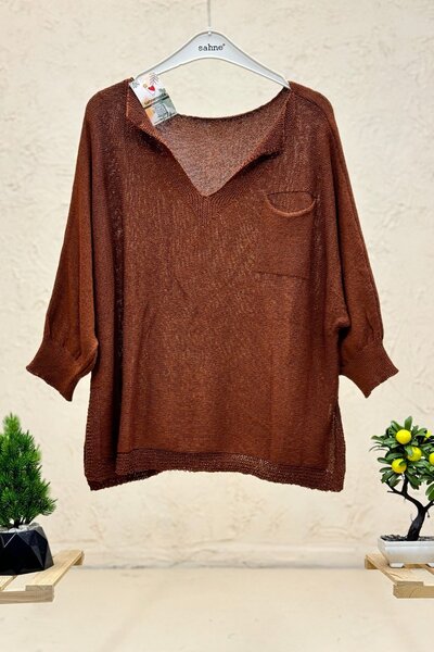 sahnemoda Single Pocket V-Neck Bat Mercerized Blouse