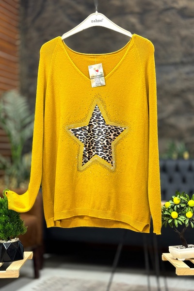 sahnemoda بلوزة أنجورا بياقة على شكل حرف V بنمط نجمة من لوبير