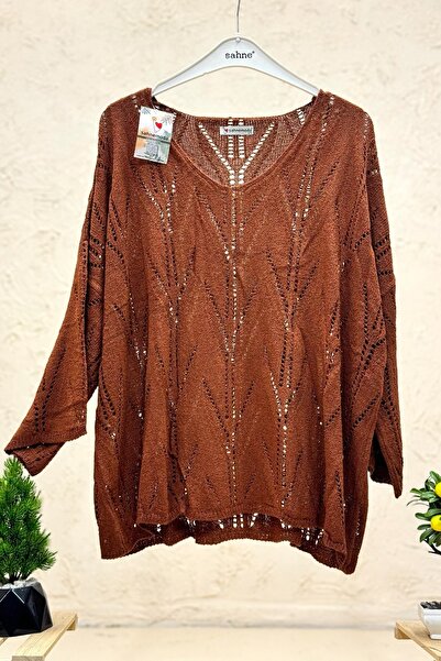 sahnemoda Openwork V-Neck Bat Mercerized Blouse