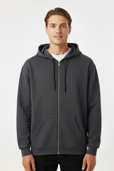 LAYKRA Gri Basic Kanguru Cepli Regular Normal Kalıp Pamuklu İçi Polarlı Kapüş...