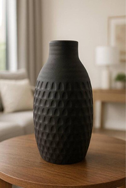 Oss elhetraf مزهرية مودرن سوداء بملمس محفور لديكور الطاولات والمكاتب