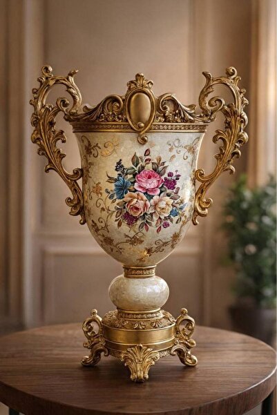 Oss elhetraf مزهرية كلاسيكية مذهّبة بنقوش وردية للديكور الفاخر