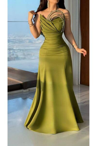 Generic Luxurious olive satin dress with a draped silhouette and crystal embroidery